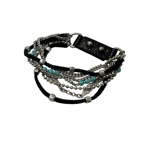 Womens Multi Strand Leather Bracelet Turquoise Beads Silver Chains 8.25in Boho - Picture 6 of 12